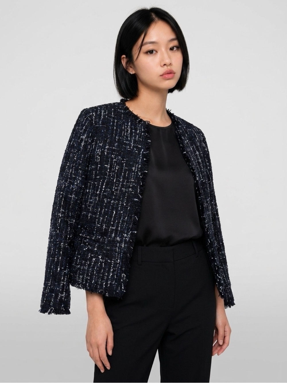 Ann Taylor Navy Tweed Fringe-Trim Open Jacket